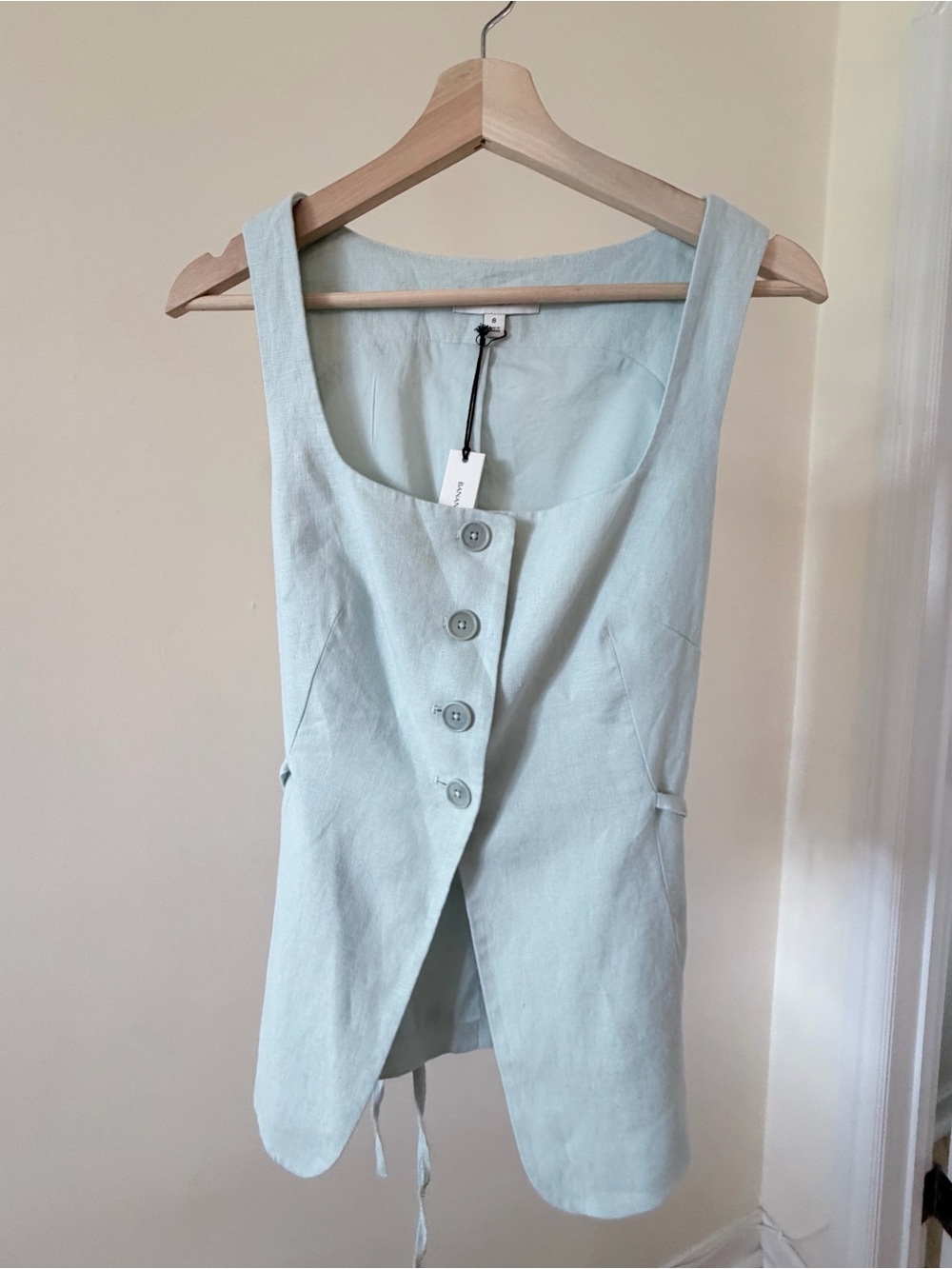 Light Mint Linen Top with a Button Front & Square Neckline